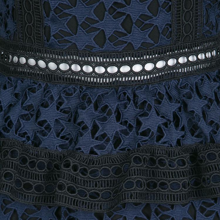 Pre Owned Self Portrait Navy Blue and Black Star Pattern Lace High Neck Tiered Dress M