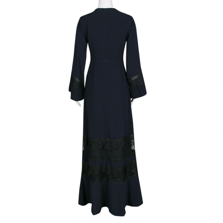 Pre Owned Self Portrait Navy Blue Lace Trim Olivia Kaftan Maxi Dress S
