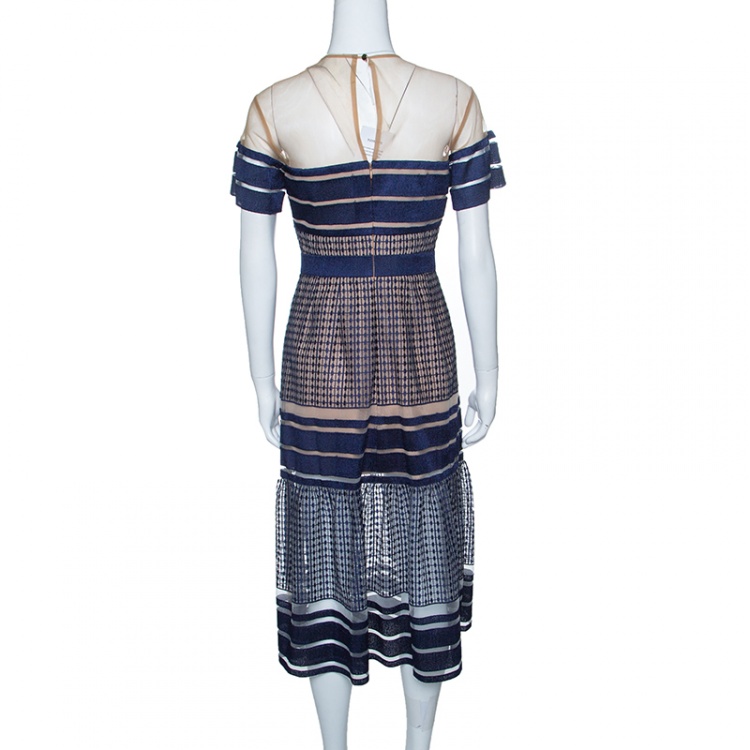 Pre Owned Self-Portrait Navy Blue Stripe Embroidered Mesh Column Midi Dress M