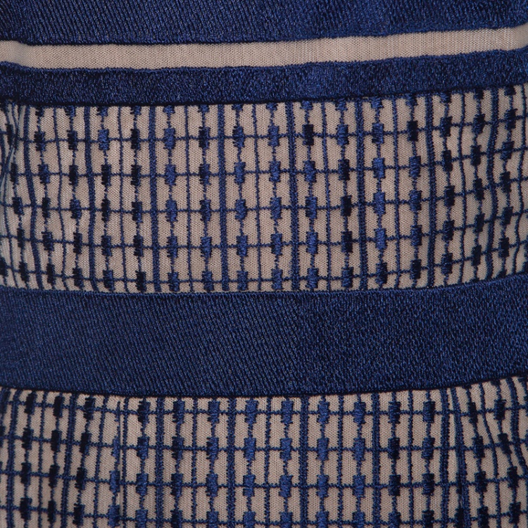 Pre Owned Self-Portrait Navy Blue Stripe Embroidered Mesh Column Midi Dress M