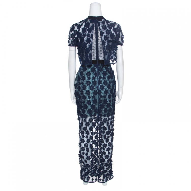 Pre Owned Self Portrait Navy Blue Floral Applique Lace 60's Overlay Maxi Dress S