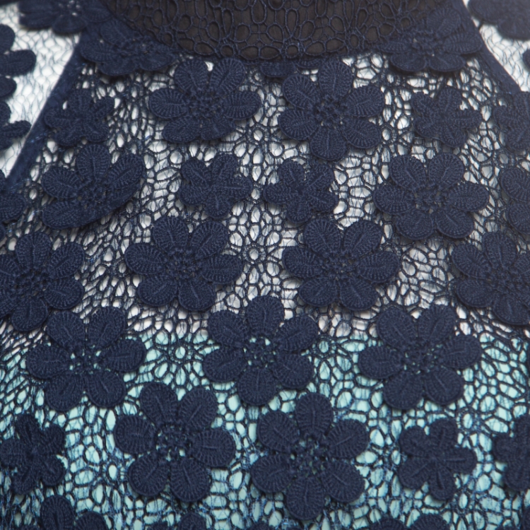 Pre Owned Self Portrait Navy Blue Floral Applique Lace 60's Overlay Maxi Dress S