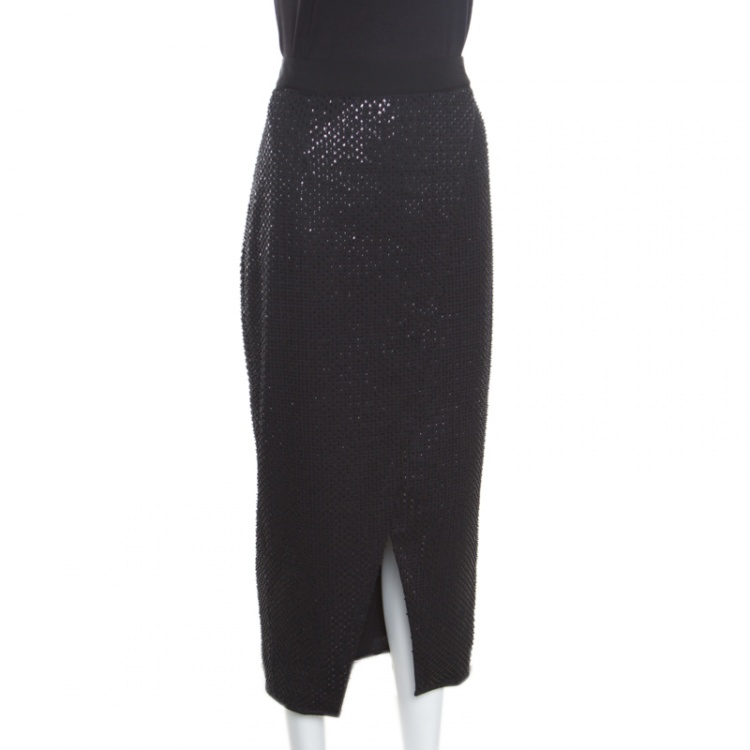 مملوكة مسبقًا Self Portrait Black Sequined Wrap Front Midi Skirt S