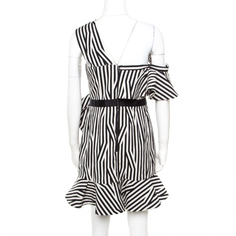 Pre Owned Self Portrait Monochrome Multi Direction Striped Asymmetric Ruffled Dress M