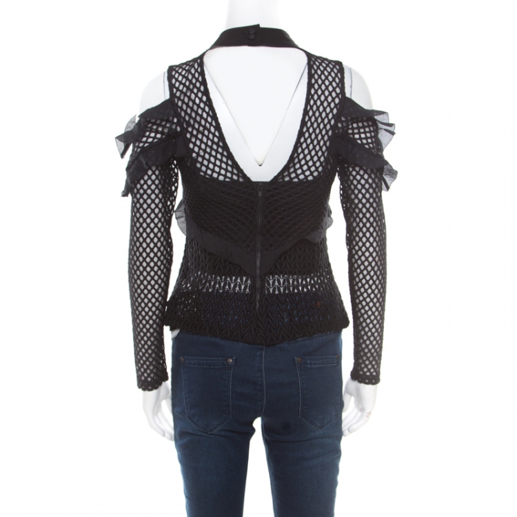 Pre Owned Self Portrait Black Purl Knit Pattern Lace Ruffle Trim Cold Shoulder Top M