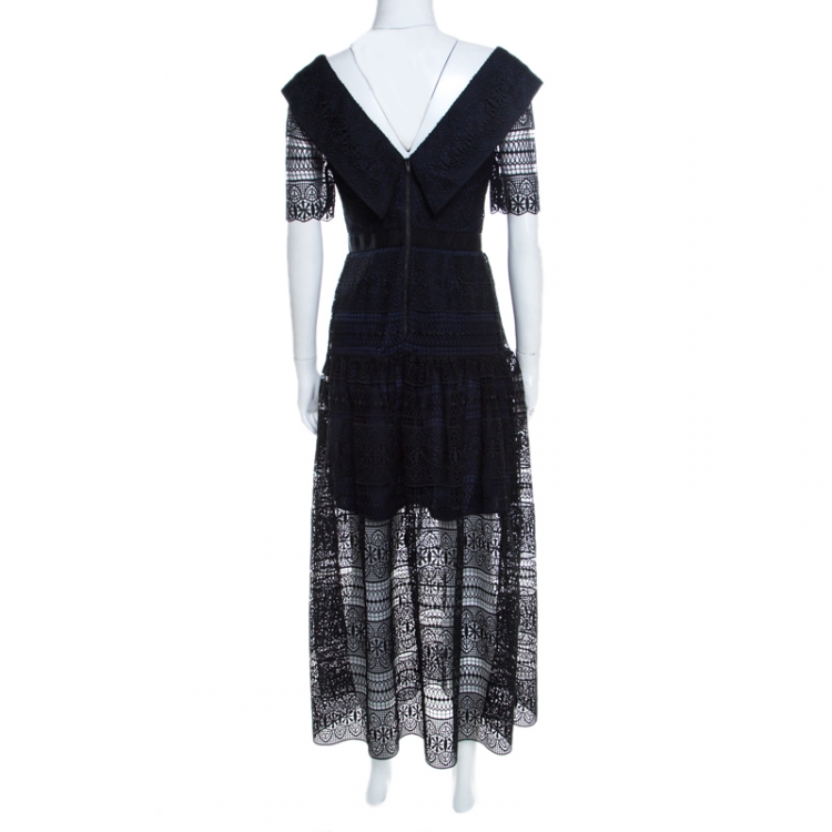 مملوكة مسبقًا Self Portrait Black Guipure Lace Overlay Midi Dress S