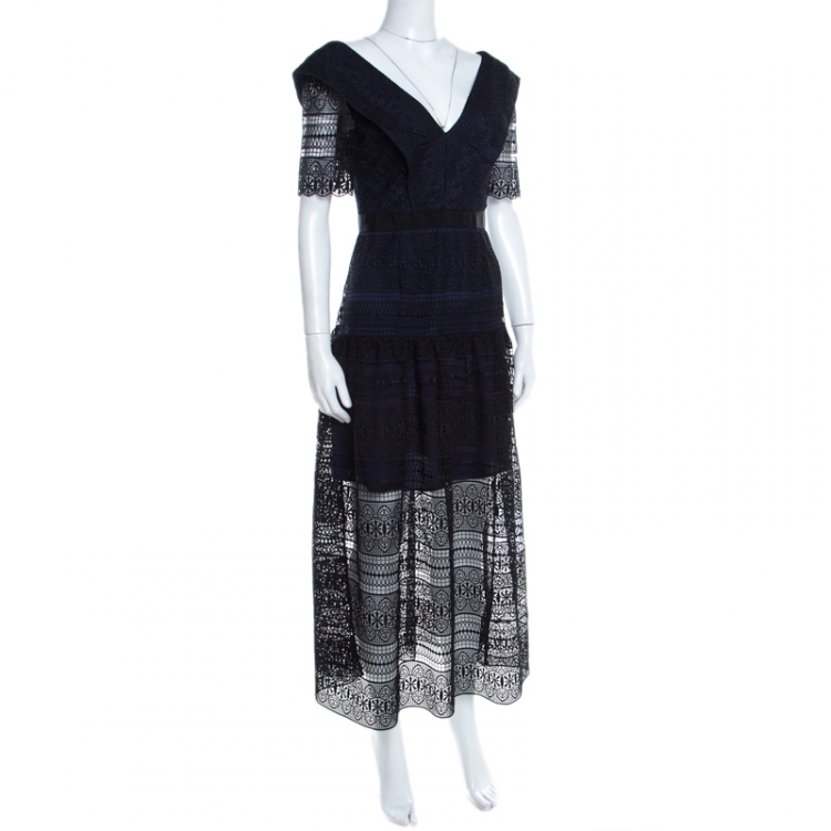مملوكة مسبقًا Self Portrait Black Guipure Lace Overlay Midi Dress S