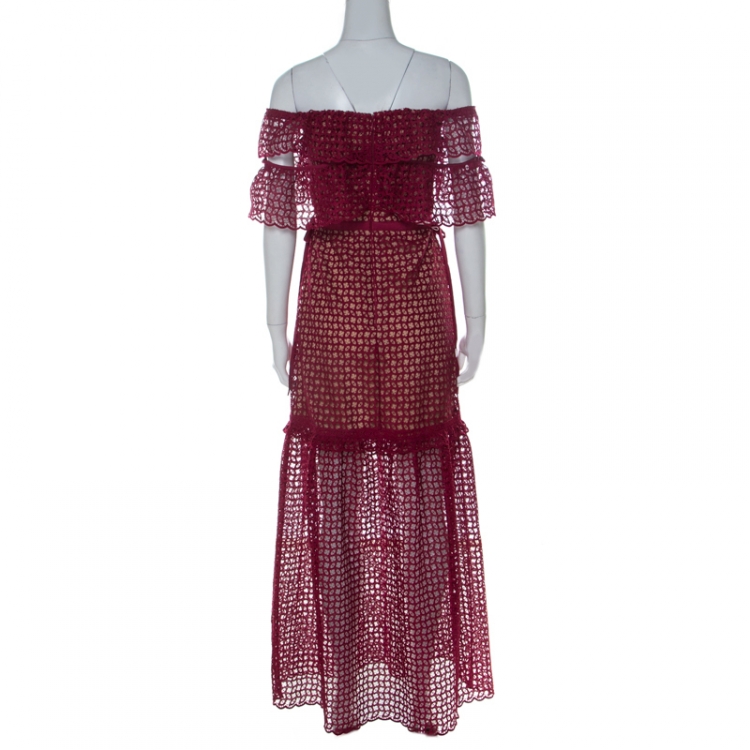 Pre Owned Self Portrait Red Lace Off Shoulder Frill Cutwork Dress S