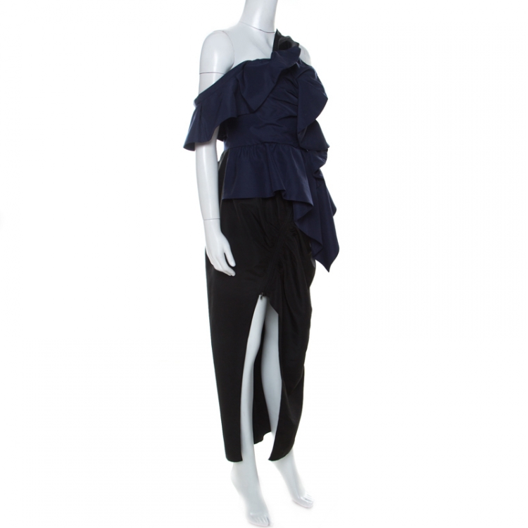 Pre Owned Self-Portrait Navy Blue ad Black Taffeta Asymmetric Ruffle Midi Dress L