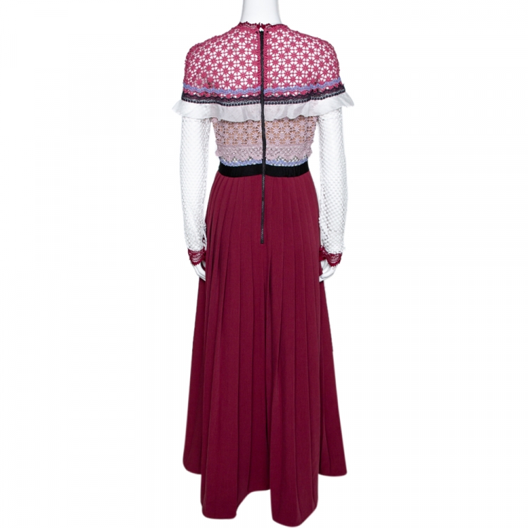 Pre Owned Self-Portrait Burgundy Bellis Lace Trim Maxi Dress M