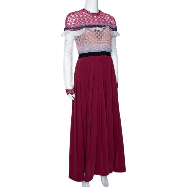 Pre Owned Self-Portrait Burgundy Bellis Lace Trim Maxi Dress M