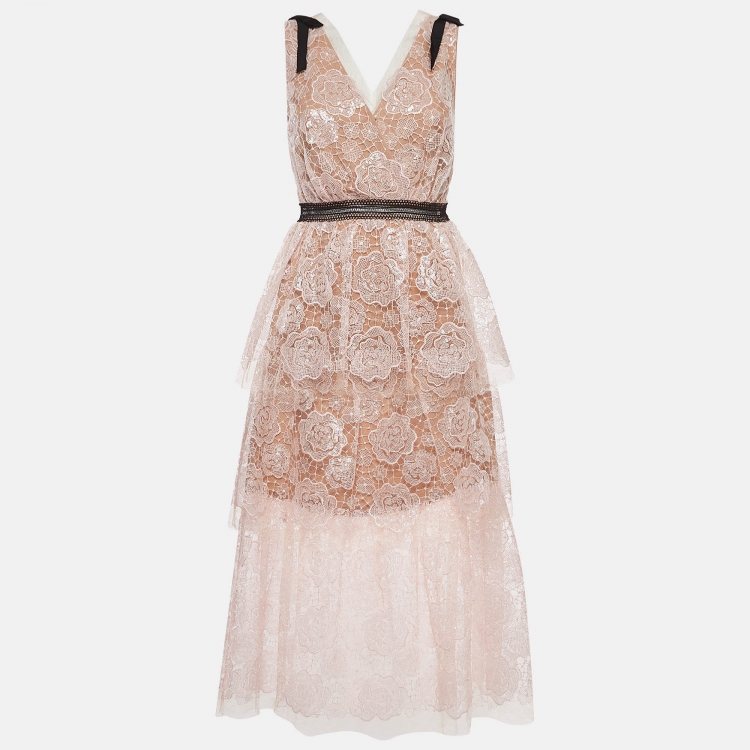 Pre Owned Self-Portrait Pink Starlet Rose Patterned Lace Midi Dress S