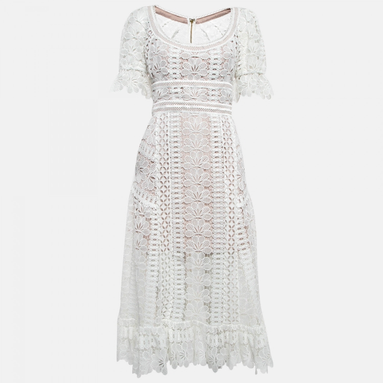 Pre Owned Self-Portrait White Floral Pattern Lace Midi Dress S