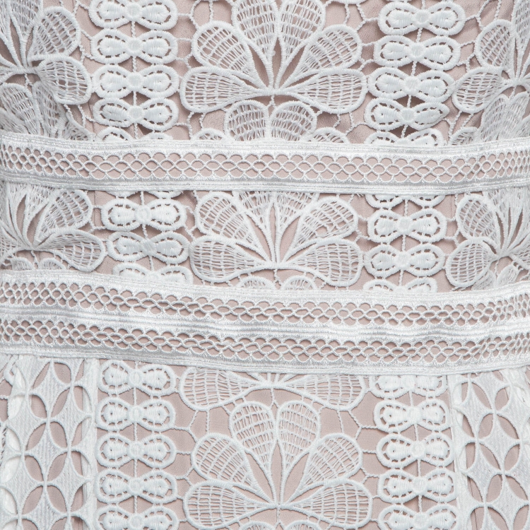 Pre Owned Self-Portrait White Floral Pattern Lace Midi Dress S
