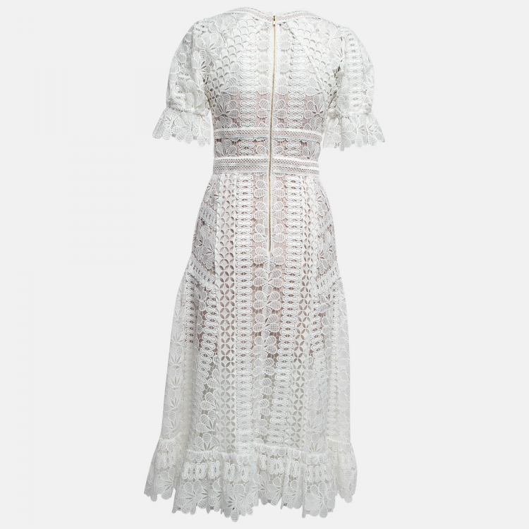 Pre Owned Self-Portrait White Floral Pattern Lace Midi Dress S