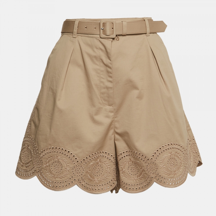 Pre Owned Self-Portrait Beige Schiffli Cotton Belted Shorts M