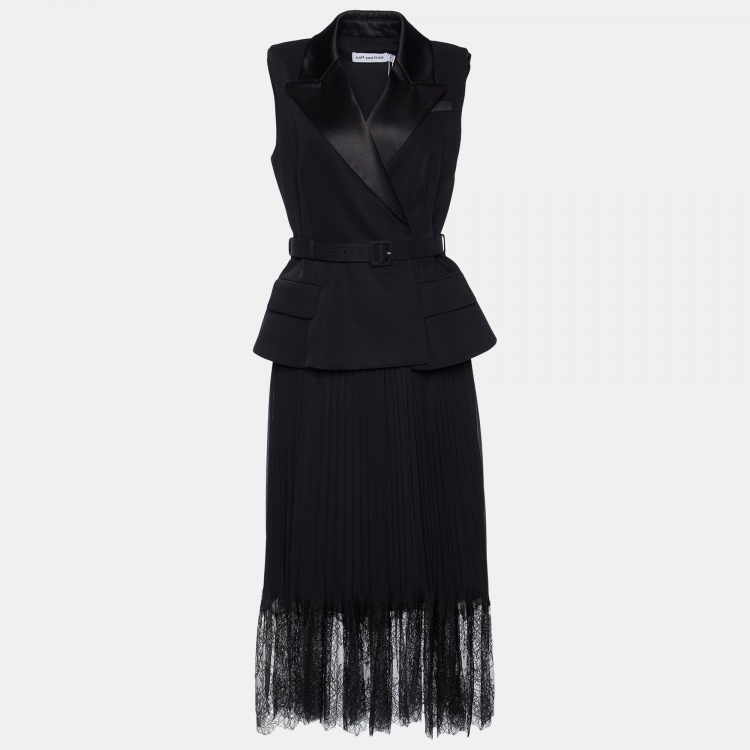 Pre Owned Self-Portrait Black Crepe Midi Pleated Belted Dress M