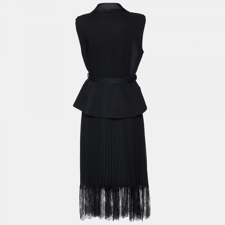 Pre Owned Self-Portrait Black Crepe Midi Pleated Belted Dress M