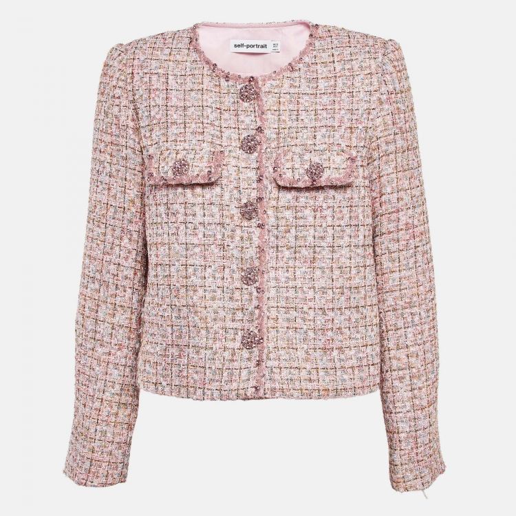 Pre Owned Self-Portrait Pink Bouclé Crop Jacket M