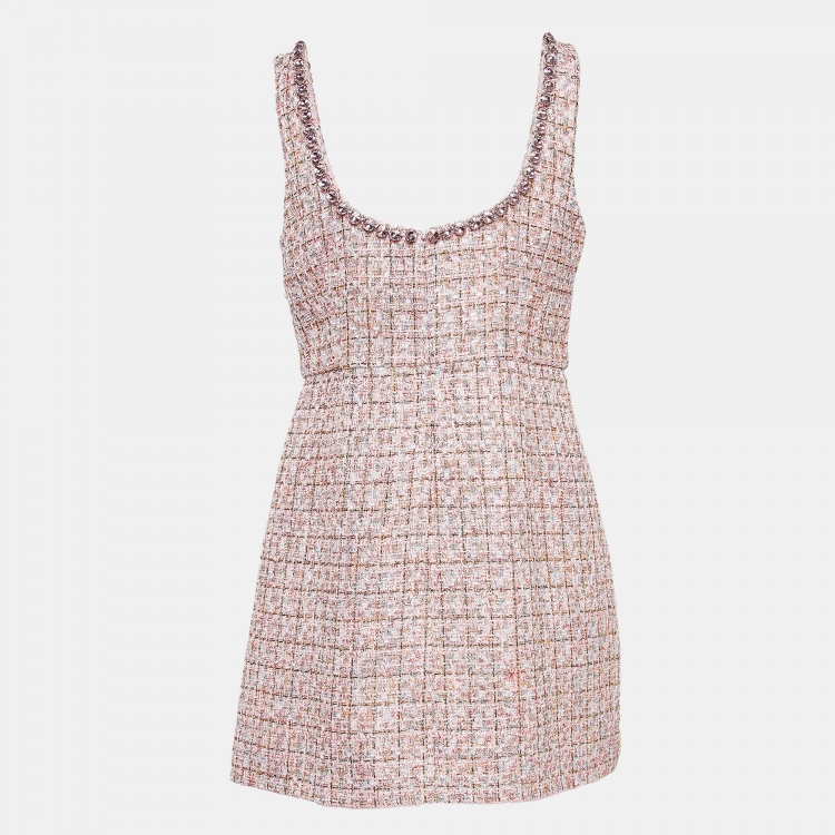 Pre Owned Self-Portrait Pink Boucle Diamante Detail Mini Dress M