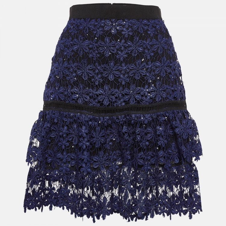 Self Portrait Blue Floral Lace Sequin Detail Tiered Skirt S Self