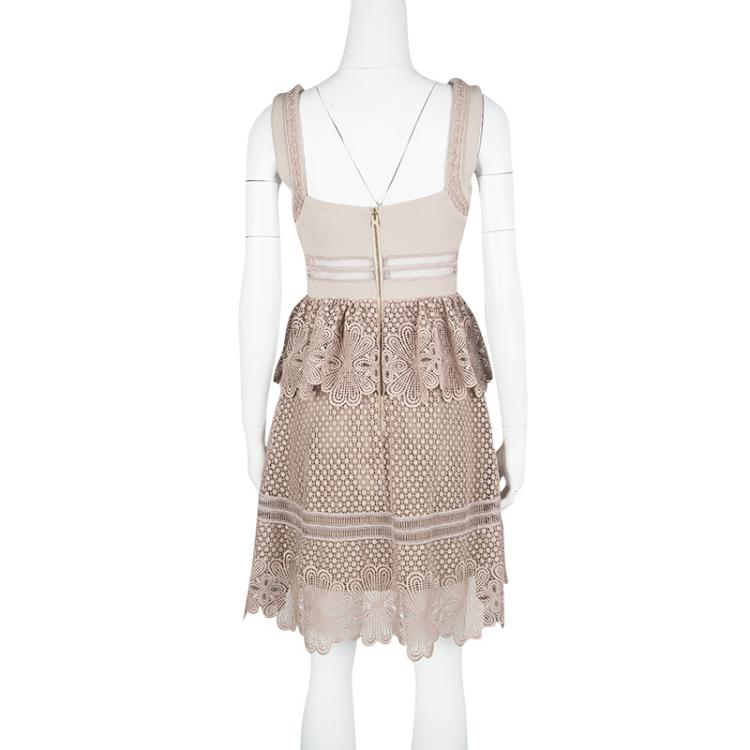 Pre Owned Self Portrait Dull Pink Cutout Guipure Lace Natalia Peplum Dress S