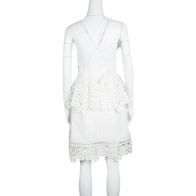 Pre Owned Self Portrait White Lace Trim Detail Sleeveless Peplum Dress M