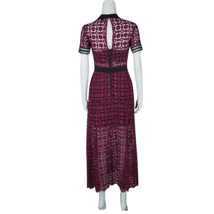Pre Owned Self Portrait Burgundy Contrast Trim Detail Embroidered Lace Dress S