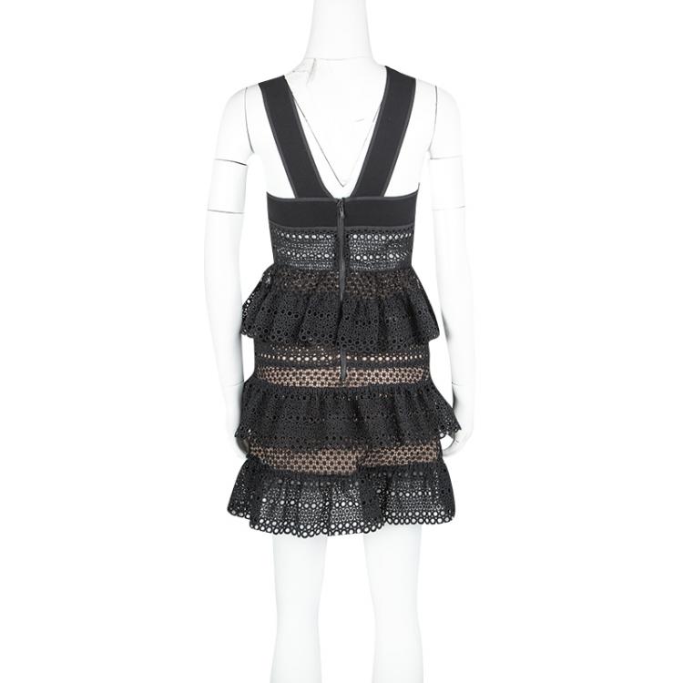 Pre Owned Self Portrait Black Lace Up Tiered Sleeveless Dress S