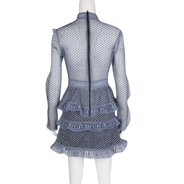 Pre Owned Self Portrait Dove Grey Dotted Mesh Tiered Long Sleeve Dress S