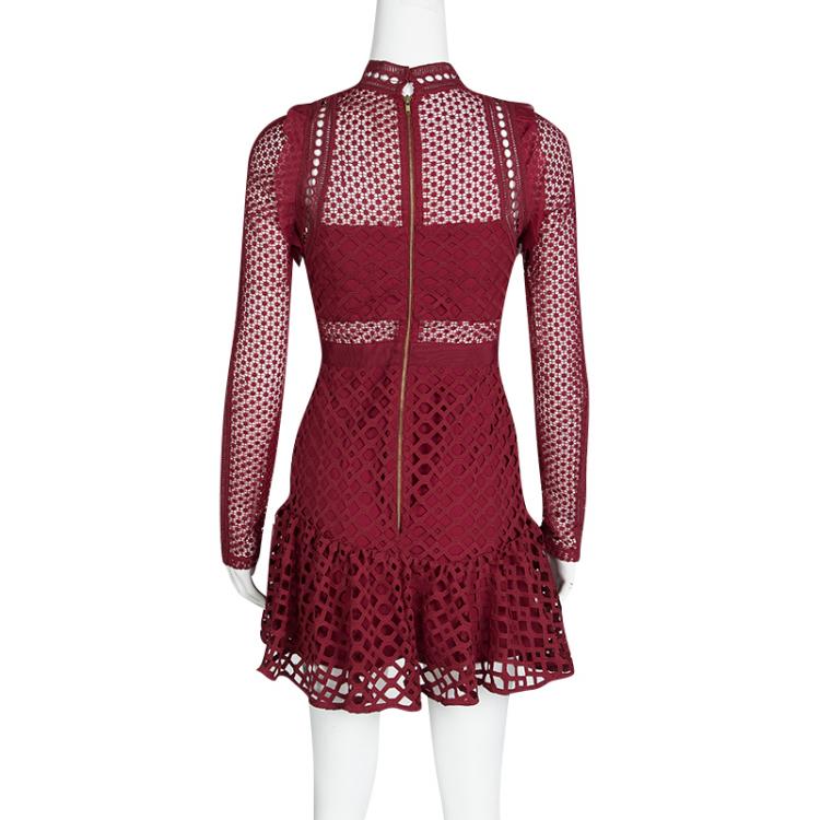 Pre Owned Self Portrait Raspberry Red Hall Lace Long Sleeve Dress S