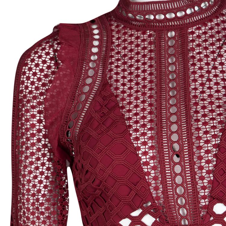Pre Owned Self Portrait Raspberry Red Hall Lace Long Sleeve Dress S