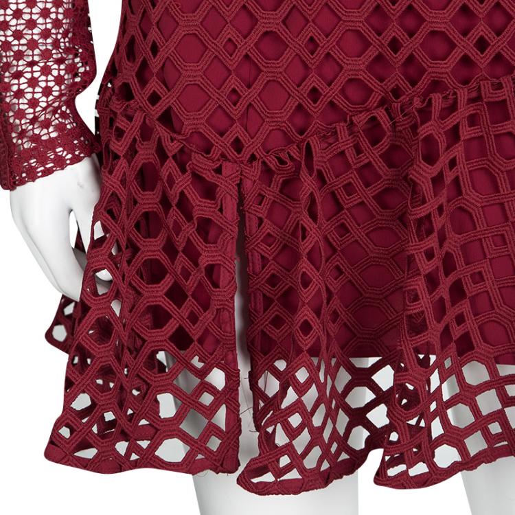 Pre Owned Self Portrait Raspberry Red Hall Lace Long Sleeve Dress S