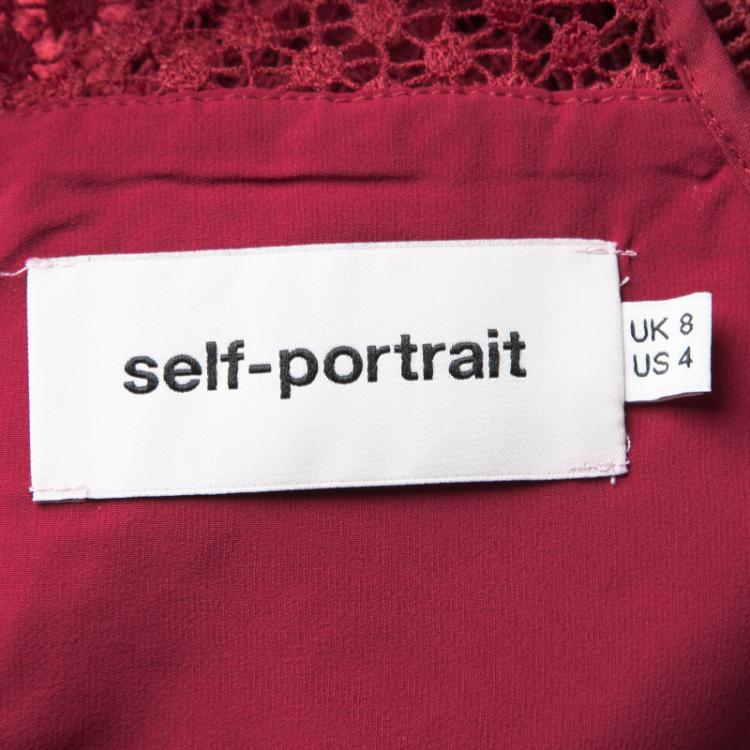Pre Owned Self Portrait Raspberry Red Hall Lace Long Sleeve Dress S