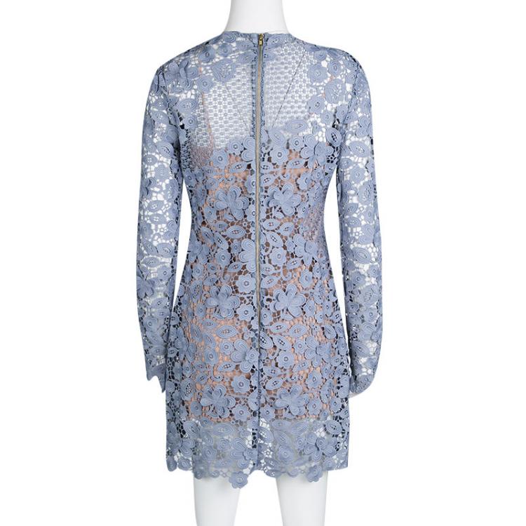 Pre Owned Self Portrait Blue 3D Floral Guipure Lace Long Sleeve Mini Dress M