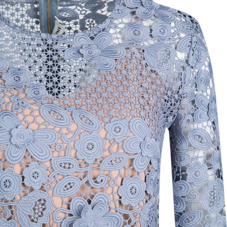 Pre Owned Self Portrait Blue 3D Floral Guipure Lace Long Sleeve Mini Dress M