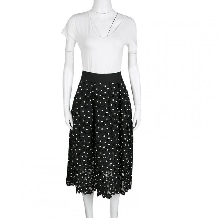 Pre Owned Self Portrait Monochrome Polka Daisy Guipure Lace Midi Skirt S