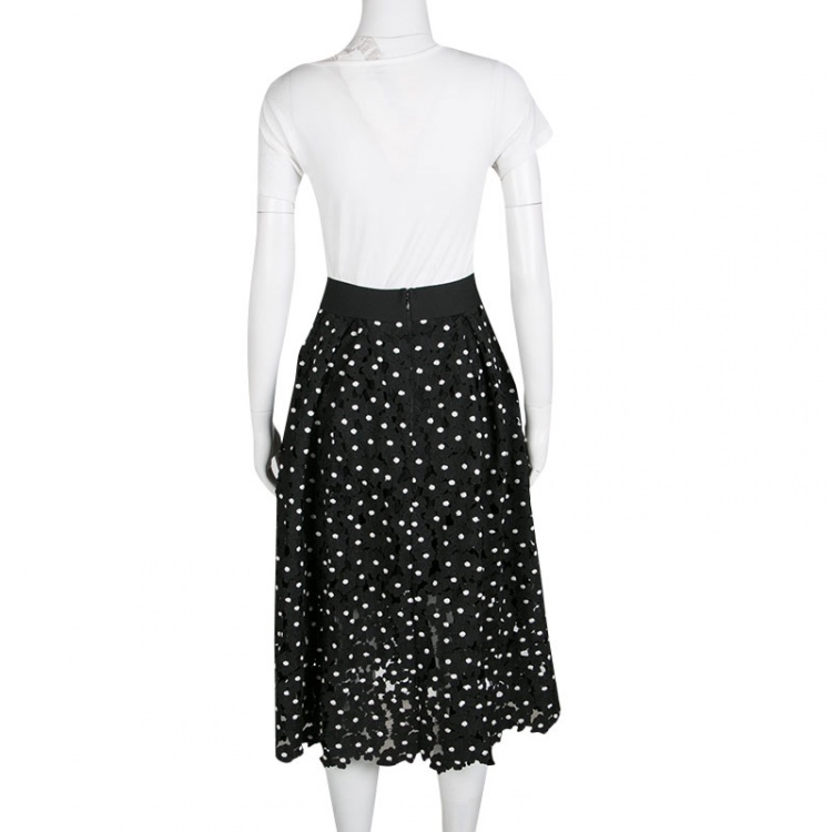 Pre Owned Self Portrait Monochrome Polka Daisy Guipure Lace Midi Skirt S