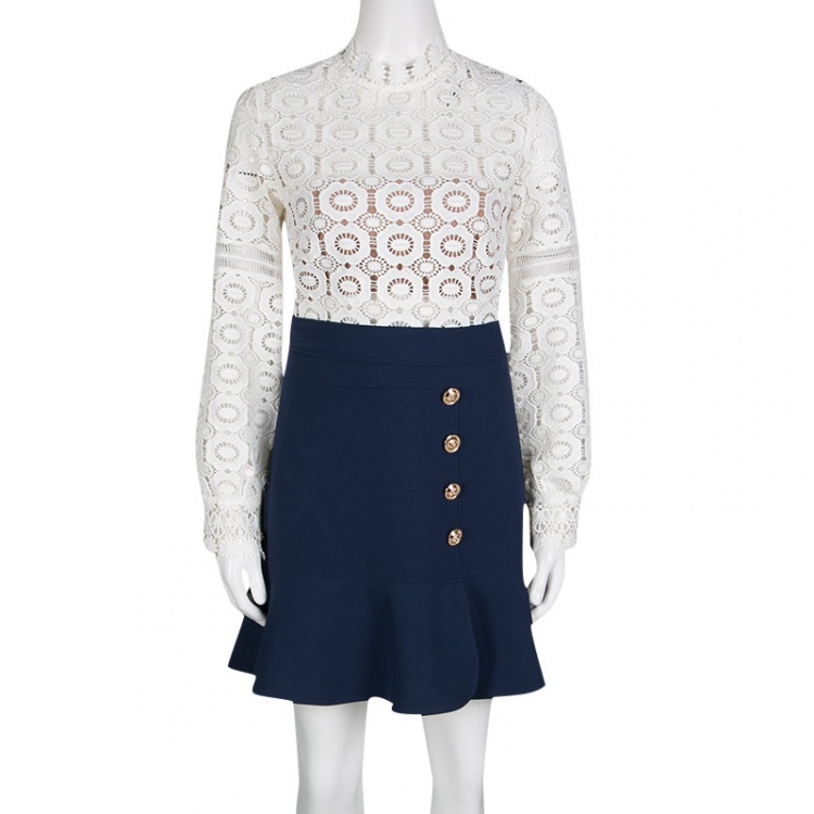 Pre Owned Self Portrait White and Navy Crochet Lace Cutout Back Combo Dress M