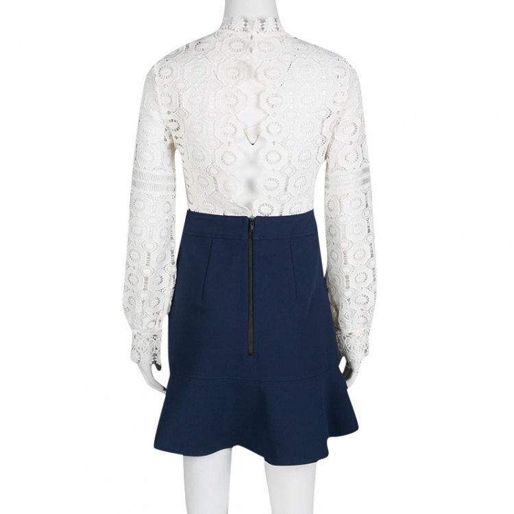 Pre Owned Self Portrait White and Navy Crochet Lace Cutout Back Combo Dress M