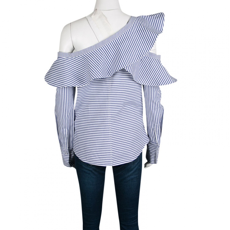 Pre Owned Self Portrait Blue and White Striped Ruffle Detail Off Shoulder Asymmetric Shirt M