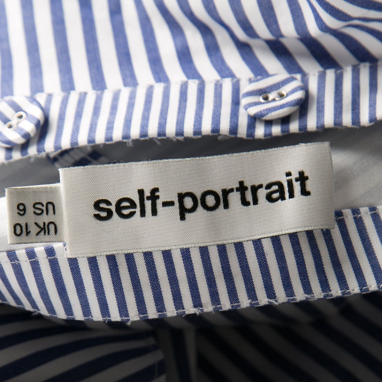 Pre Owned Self Portrait Blue and White Striped Ruffle Detail Off Shoulder Asymmetric Shirt M