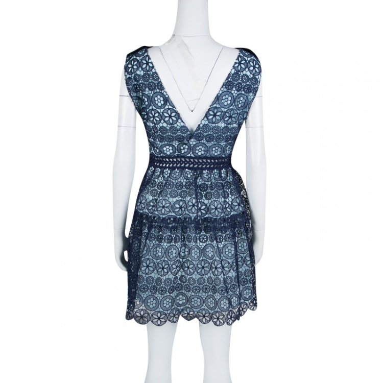 مملوكة مسبقًا Self Portrait Navy Blue Guipure Lace Bow Detail Tiered Mini Dress M 