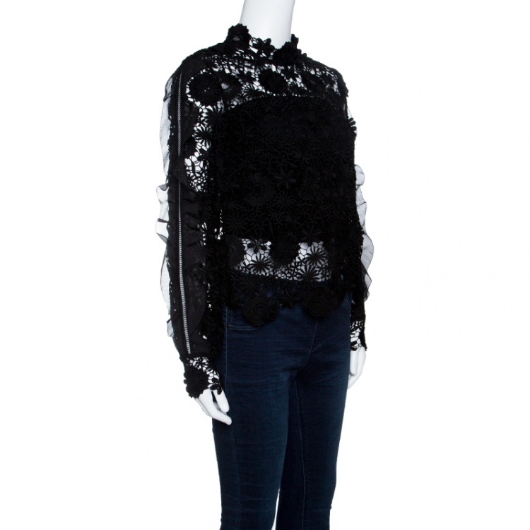 Pre Owned Self Portrait Black Floral Guipure Lace Chiffon Ruffle Trim Naia Top M