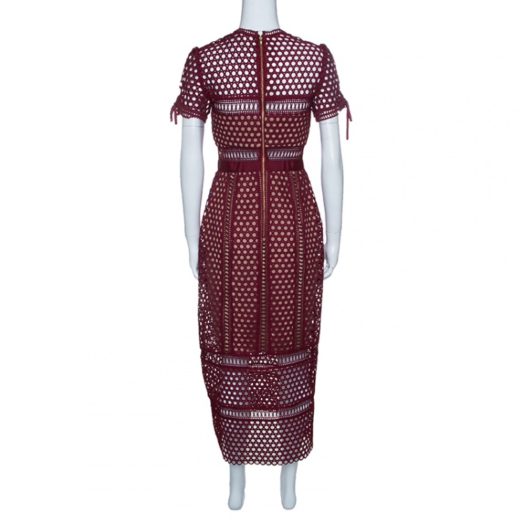 مملوكة مسبقًا Self Portrait Burgundy Embroidered Lace Column Midi Dress M