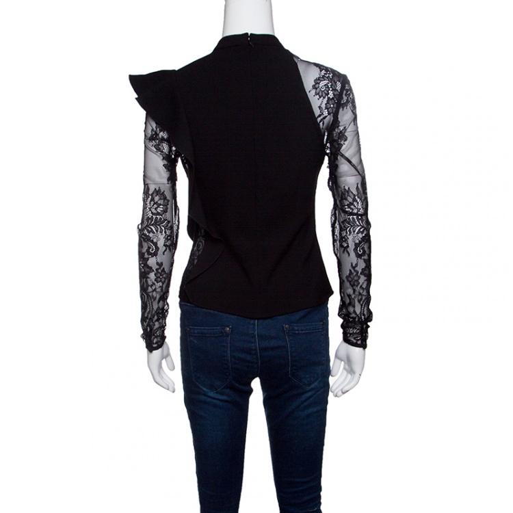 Pre Owned Self Portrait Black Knit Lace Sleeved Ruffled Ophelia Blouse S