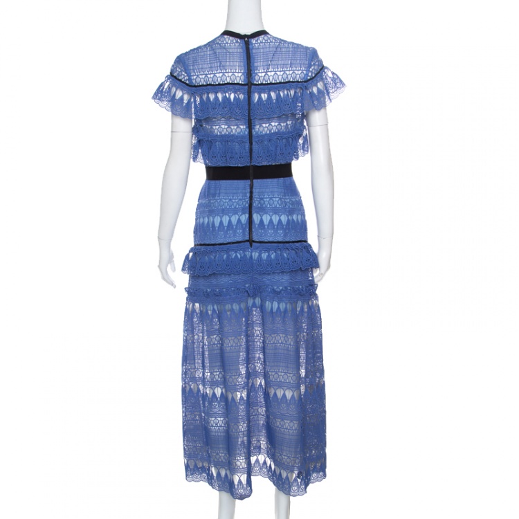 Pre Owned Self Portrait Blue Teardrop Guipure Lace Ruffled Daphne Midi Dress M