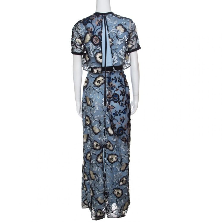 Pre Owned Self Portrait Blue Floral Embroidered Layered Florentine Maxi Dress S