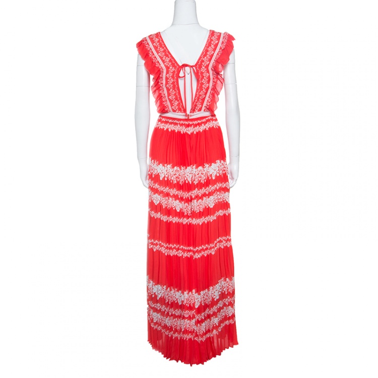 Pre Owned Self Portrait Orange Plisse Flower Spell Printed Plunge Neck Maxi Dress S