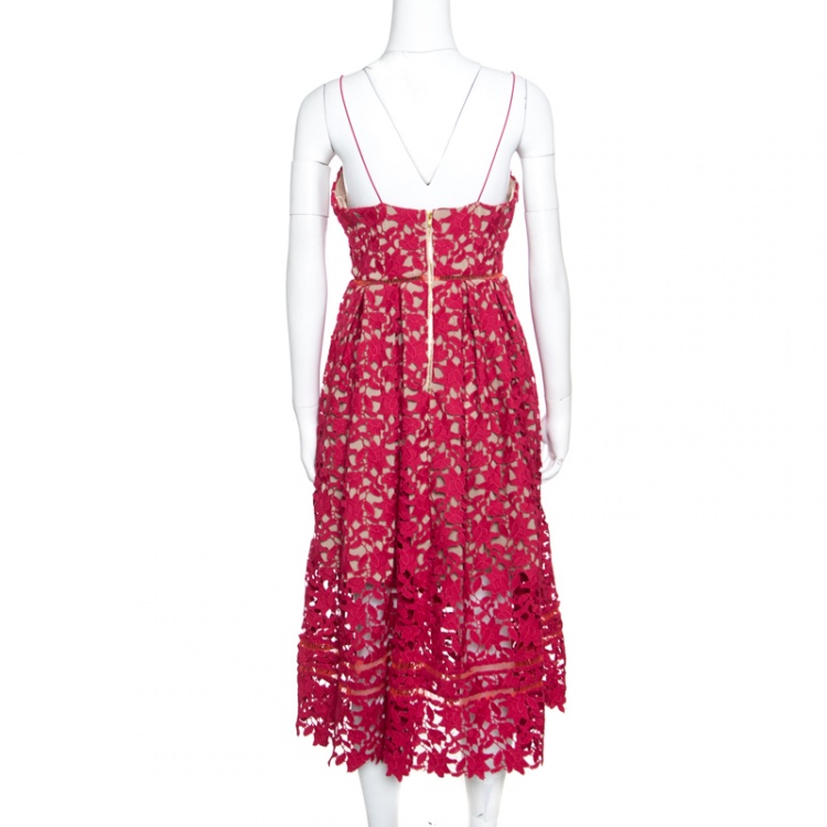 Pre Owned Self Portrait Red Floral Guipure Lace Noodle Strap Azaelea Midi Dress M